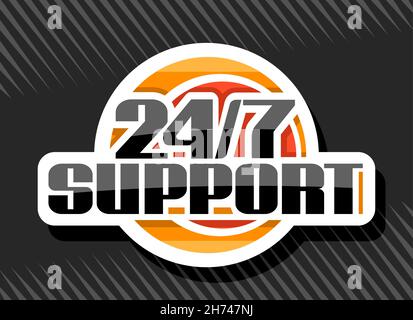 Vektor-Logo für 24/7 Support, weißer isolierter Aufkleber mit Darstellung von bunten Kreisen, einzigartiger dekorativer Schriftzug für schwarze Wörter 24/7 Support, Stock Vektor