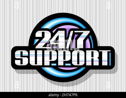 Vektor-Logo für 24/7 Support, schwarze isolierte Beschilderung mit Darstellung von bunten Kreisen, einzigartige dekorative Beschriftung für Worte 24/7 Unterstützung, Busine Stock Vektor
