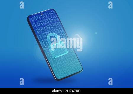 Mobiltelefon mit Vorhängeschloss und Fingerabdruck auf dem Bildschirm. Information Security Concept 3D Illustration. Stockfoto