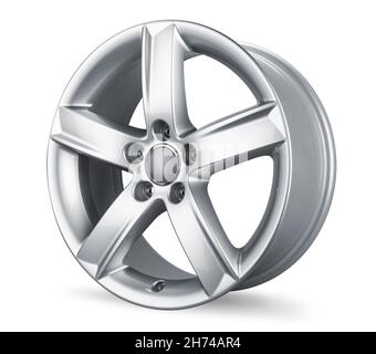 Moderne glänzende Silber metallische Legierung Aluminium Auto Felge isoliert auf weißem Hintergrund. Automotive Teil indurstry Transportkonzept Stockfoto