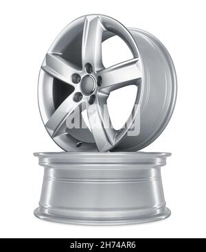 Moderne glänzende Silber metallische Legierung Aluminium Auto Felgen Stack isoliert auf weißem Hintergrund. Automotive Teil indurstry Transportkonzept Stockfoto