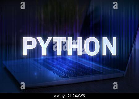Python-Text auf blauem Technologiehintergrund mit Laptop. Python-Programmiersprache, Computerkurse, Schulungen lernen. Stockfoto