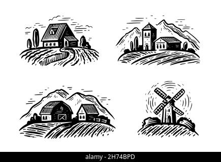 Ländliche Farmlandschaft gesetzt. Handgezeichnete Vektorgrafik. Emblem für Landwirtschaft und Landwirtschaft Stock Vektor