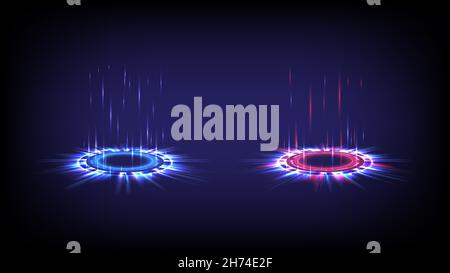 Digitale High-Tech-Kollektion Sci-Fi in leuchtendem HUD. Hologramm Portal der Wissenschaft futuristisch. Magisches Warp-Tor in der Spielfantasie. 3D Leuchtende Technologie. Cir Stock Vektor