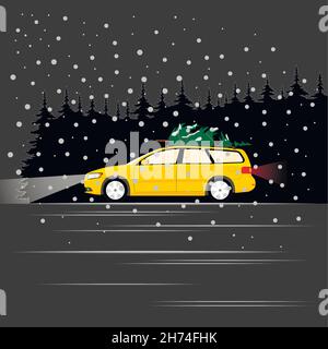 Das Auto trägt den Baum nachts aus dem Wald. Flache Vektorgrafik. Stock Vektor