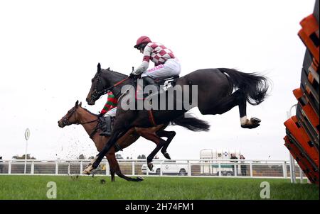 Tequila Blaze wird von dem Jockey Paddy Brennan (rechts) geritten, um am zweiten Tag des November Racing Weekends auf der Ascot Racecourse in Bekshire die Handicap-Hürde des Colts & Fillies Club Mares zu gewinnen. Bilddatum: Samstag, 20. November 2021. Stockfoto