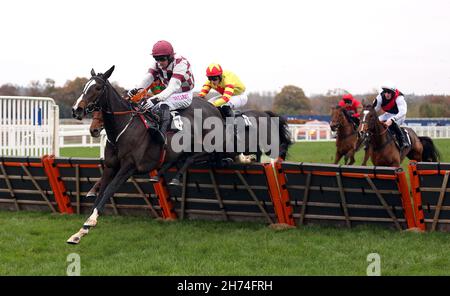 Tequila Blaze wird von dem Jockey Paddy Brennan auf dem Weg zum Sieg der Handicap-Hürde des Colts & Foules Club Mares am zweiten Tag des November Racing Weekends auf der Ascot Racecourse in Bekshire gefahren. Bilddatum: Samstag, 20. November 2021. Stockfoto