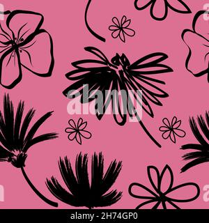 Pacific Pink Vektor nahtloses Muster mit abstrakter schwarzer Blume. Handgezeichnete Formen und Linienkunst Konturzeichnung, botanisches Element. Stock Vektor