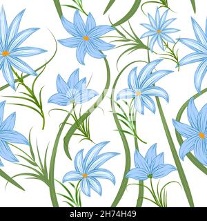 Nahtloses Muster mit blauen Blumen und tropischen Palmblättern, Dschungel-Vektor-Hintergrund, Pflanzen, botanisches Design für Mode, Stoff, Tapete Stock Vektor