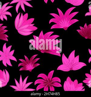 Nahtloses Muster mit samtvioletten und rosa Blumen, Vektor-Hintergrund, Pflanzen, botanisches Design für Mode, Stoff, Tapete Stock Vektor