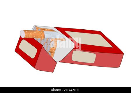 Geöffnete Packung Zigaretten isoliert auf weißem Hintergrund. Zigarettenschachtel öffnen.Produktkarton für roten Tabak. Rauchen aufhören Konzept.Stock Vektor Illustration Stock Vektor