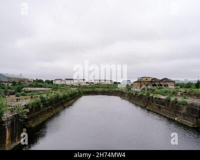 Ein Gebiet von historischem Interesse, verkommen und nicht mehr genutzt, die Brownfield-Stätte von Govan Graving Docks, Schottland Stockfoto