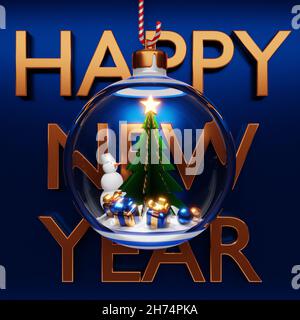3D Illustration einer transparenten Weihnachtskugel, in der sich ein Schneemann, ein Weihnachtsbaum mit Geschenken befindet. Die fabelhafte Atmosphäre des neuen Jahres Stockfoto
