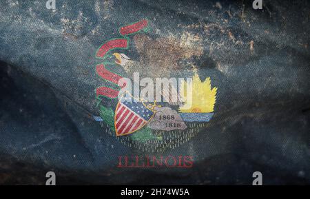 Draufsicht auf die Retro-Flagge der Afroamerikaner des Staates Illinois, ungebundene Staaten von Amerika mit Grunge-Struktur. USA Juneteenth Freedom Day. Kein Fahnenmast. Stockfoto