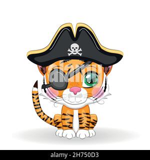 Tiger Pirat, Cartoon-Charakter des Spiels, Wildtierkatze in einem Bandana und eine aufgespannte Hut mit einem Schädel, mit einem Augenfleck. Charakter mit hellen Augen Stock Vektor