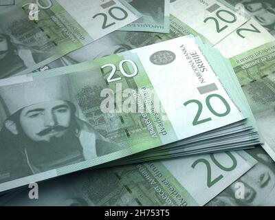 Geld Serbiens. Serbische Dinar-Rechnungen. RSD-Banknoten. 20 Dinari. Handel, Finanzen, Nachrichten Hintergrund. 3d-Illustration. Stockfoto