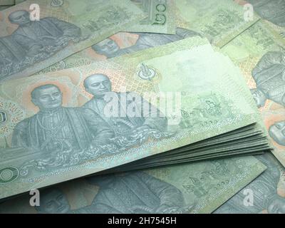 Das Geld Thailands. Thailändische Baht-Rechnungen. THB-Banknoten. 20 Baht. Handel, Finanzen, Nachrichten Hintergrund. 3d-Illustration. Stockfoto