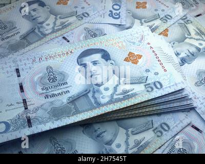 Das Geld Thailands. Thailändische Baht-Rechnungen. THB-Banknoten. 50 Baht. Handel, Finanzen, Nachrichten Hintergrund. 3d-Illustration. Stockfoto