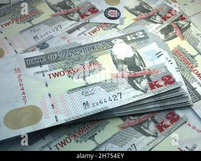 Geld von Sambia. Kwacha-Rechnungen. ZMW-Banknoten. 2 Bemba. Handel, Finanzen, Nachrichten Hintergrund. 3d-Illustration. Stockfoto