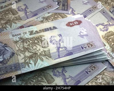 Geld von Sambia. Kwacha-Rechnungen. ZMW-Banknoten. 5 Bemba. Handel, Finanzen, Nachrichten Hintergrund. 3d-Illustration. Stockfoto