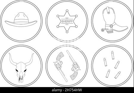 Wilde westliche Konturlinien Objekte gesetzt Stock Vektor