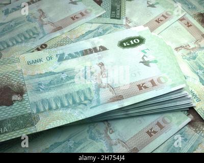Geld von Sambia. Kwacha-Rechnungen. ZMW-Banknoten. 10 Bemba. Handel, Finanzen, Nachrichten Hintergrund. 3d-Illustration. Stockfoto