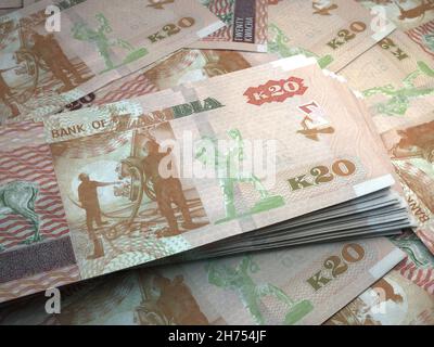 Geld von Sambia. Kwacha-Rechnungen. ZMW-Banknoten. 20 Bemba. Handel, Finanzen, Nachrichten Hintergrund. 3d-Illustration. Stockfoto
