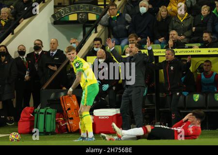 Carrow Road, Norwich, Großbritannien. 20th. November 2021. Premier League Football, Norwich City gegen Southampton; Southampton-Manager Ralph Hasenhuttl appelliert an Jan Bednarek, einen Freistoß für ein Foul zu geben.Credit: Action Plus Sports/Alamy Live News Stockfoto