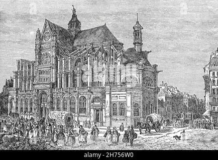 Eine Illustration der Kirche St. Eustache aus dem späten 19th. Jahrhundert im Pariser Arrondissement 1st, erbaut zwischen 1532 und 1632. Saint-Eustache liegt in der Nähe des mittelalterlichen Marktplatzes von Paris (Les Halles) und ist ein Beispiel für eine Mischung aus verschiedenen architektonischen Stilen: Die Struktur ist gotisch, die Inneneinrichtung und andere Details sind Renaissance und Klassik. Stockfoto