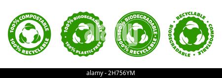 Recycelbare biologisch abbaubare kompostierbare runde grüne Inons. Vector Bio-Logos Stock Vektor