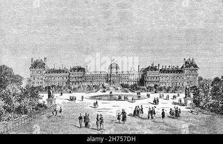 Eine Illustration des Tuilerien-Palastes aus dem späten 19th. Jahrhundert, einem königlichen und kaiserlichen Palast in Paris, der am rechten Ufer der seine, direkt vor dem Louvre, stand. Es war die Pariser Residenz der meisten französischen Monarchen, von Heinrich IV. Bis Napoleon III., bis es 1871 von der Pariser Kommune verbrannt wurde. Der Innenhof des Louvre wurde ursprünglich 1564, seit der Zerstörung der Tuilerien, erbaut und ist weiterhin geöffnet. An diesem Standort befindet sich heute das östliche Ende des Tuilerien-Gartens. Stockfoto