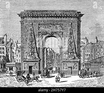 Eine Illustration der Porte Saint-Denis aus dem späten 19th. Jahrhundert, einem Pariser Denkmal im 10th. Arrondissement. Es war ursprünglich ein Tor durch die Mauer von Karl V., das zwischen 1356 und 1383 zum Schutz des rechten Pariser Ufers erbaut wurde. Stockfoto