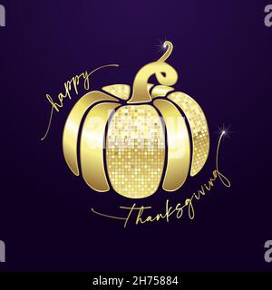Happy Thanksgiving Day Gratzen Konzept. Kreatives glitzerndes Kürbis-Symbol und Text. Goldener Pixelhintergrund mit Vektormaske. Niedliche, moderne Einrichtung. Isola Stock Vektor