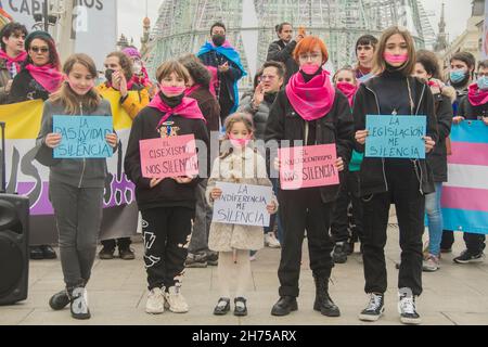 Madrid, Spanien. 20th. November 2021. Die lgtbiq-Gemeinschaft demonstriert gegen Diskriminierung: Mobbing an der Schule und Ablehnung bei Jobs oder auf der Suche nach einem Zuhause. Unterdrückung, die unerträgliche Ausmass erreicht und noch schrecklicher gegen Transgender ist die lgtbiq-Bewegung beschuldigt den Diskurs und die Politik der Volkspartei und der rechtsextremen Partei Vox mit einem macho-, rassistischen, homophoben und transphobischen Diskurs, ihrem Francoismus und ihrem Hass gegen die kämpferische Linke, Steht hinter dieser Eskalation. (Foto von Alberto Sibaja/Pacific Press) Quelle: Pacific Press Media Production Corp./Alamy Live News Stockfoto