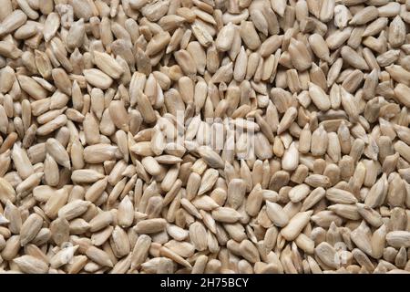 Geschälte Sonnenblumenkerne Hintergrund. Textur der Sonnenblumenkerne. Draufsicht, flach liegend. Stockfoto