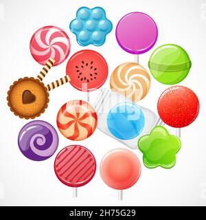 Vektor-Illustration, Satz von Symbolen von Süßigkeiten, Lutscher, Süßigkeiten Stock Vektor