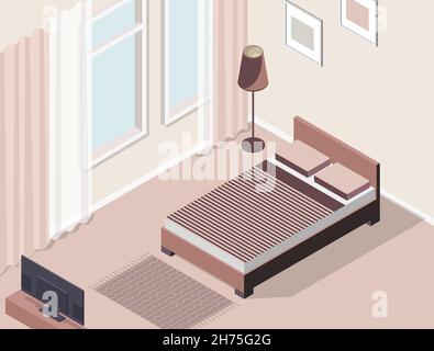 Vektor-isometrische Abbildung, 3D Innenraum, Schlafzimmer, Ruheraum Stock Vektor
