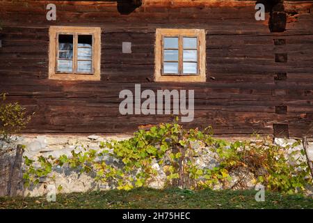 Fischgrätfuge, traditionelle Tischlerfugen, braunes Holz an der Ecke des Holzhauses Stockfoto