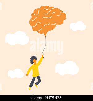 Illustration zum Thema psychische Gesundheit, ein Junge, der mit einem großen Ballon in Gehirnform am Himmel fliegt, der die Bedeutung von Entspannung und Meditation symbolisiert Stock Vektor