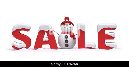 Weihnachtsangebot Banner mit niedlichen Schneemann. Weißer Hintergrund mit Beschneidungspfad. 3D Bild Stockfoto
