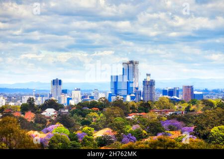 Skyline von Parramatta, CBD, umgeben von grünen, grünen Vororten mit Häusern und Bäumen vor blauem Himmel und Wolken. Stockfoto