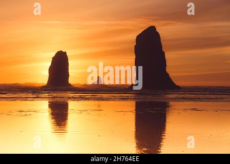 Orangefarbener Sonnenuntergang hinter den Nadeln am Cannon Beach Stockfoto