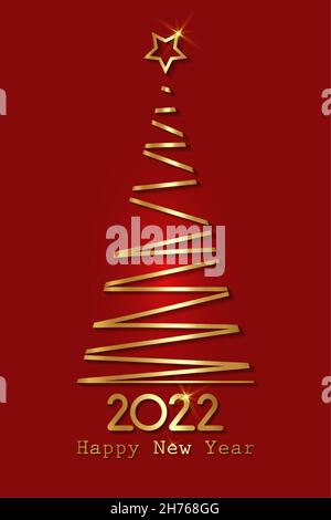 Stilisierter Weihnachtsbaum, 2022 Neujahr, goldenes Luxus-Logo-Symbol festlich, Vektor isoliert auf rotem Hintergrund Stock Vektor