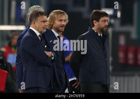 Der Sportdirektor von juventus Federico Cherubini (L), der Vizepräsident von Juventus Pavel Nedved und der Präsident von Juventus Andrea Agnelli während des Fußballspiels der SS Lazio und Juventus in der Serie A am 20. November 2021 im Olimpico-Stadion in Rom, Mittelitalien. Stockfoto