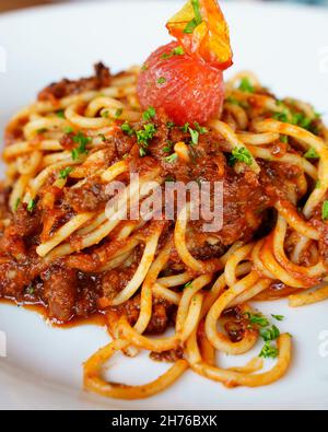 Nahaufnahme von frisch gekochten Spaghetti Bolognese Stockfoto