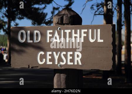 Old Faithful Geyser Sign, Yellowstone National Park, Wyoming Stockfoto