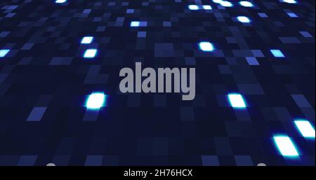 Blauer Neon-Technologie-Hintergrund. Glitzernde blaue Poligons, die sich in einem Cyberspace bewegen. 3D Abbildung Stockfoto