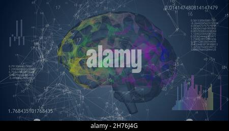 Rotierendes 3D-Modell mit 360 niederpolygonalen Gehirnzellen auf blauem Hintergrund mit animierten Zahlen und Diagrammen. Stockfoto