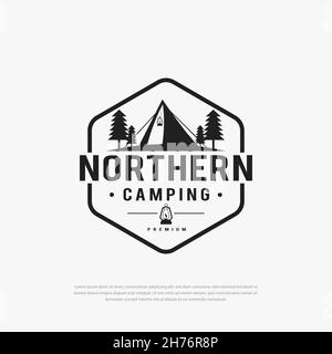 Camping Outdoor Abenteuer Symbol Logo. Camping Zelt im Wald oder in den Bergen Campingausrüstung, Vintage-Lampe Illustration Stock Vektor