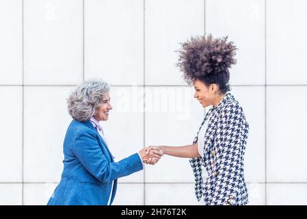Zwei Geschäftsfrauen, die einen Deal abschließen, indem sie die Hände schütteln Stockfoto